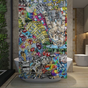 Grafitti Street Art Shower Curtains, Bath Curtain, Funky bathroom, Pop art bathroom,  bathroom decor, Boho Shower curtain, Eclectic Bathroom