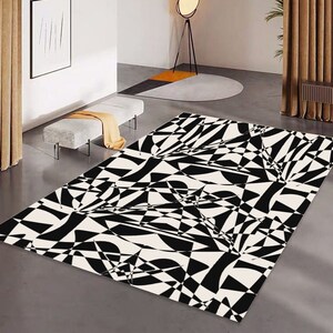 Funky Rug, Black and White Funky Rug, Foldable Rectangular Floor Mat, Geometric Rug, Minimalist Soft Rug, Hip Hop Rug