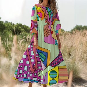 Funky Art Colorful Face Print Long Sleeve Dress for Women with High Waist and Puff Sleeves