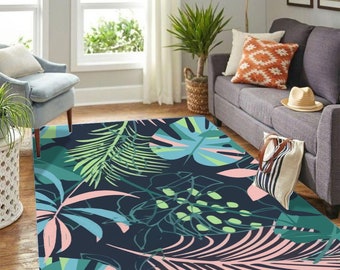 Skid Rugs Carpet 72x48in Tropical Flowers with Leaves on a Dark Background Modern Indoor Large Soft Rug for Kids Room Bedroom Livingroom Decorative Water Absorbent Fast Drying and Anti 