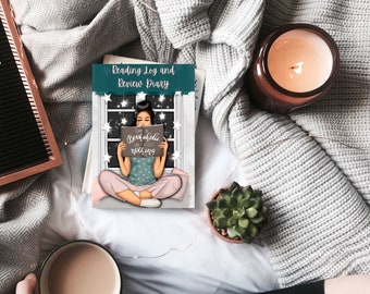 May include: A cozy scene featuring a reading log and review diary with the text "Reading Log and Review Diary". The diary has an illustration of a person holding a sign that says "I am a bookaholic and I regret nothing". A lit candle and a succulent are also present.