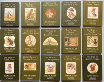 Beatrix Potter F Warne & Co Green Books - 1980s Beatrix Potter Bedtime Story - Peter Rabbit - Mrs Tiggy Winkle - Classic Books