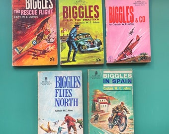 Book Lovers Rare Early 5 Biggles - Captain W E Johns - 1963 - 1969 Armada Books Vintage Artwork Recycled Literary Gift