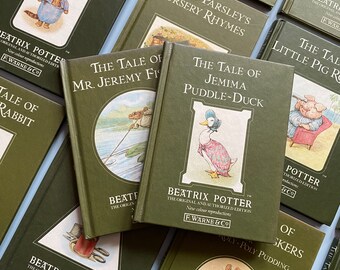 23 Beatrix Potter F Warne & Co Green Books - 1980s Beatrix Potter Bedtime Story - Peter Rabbit - Mrs Tiggy Winkle - Classic Books