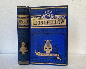 Poetical Works of Longfellow - Blue & Gold Victorian Binding - Rare Antique Book - Illustrated Rare Book - 1907 Edwardian Vintage Book