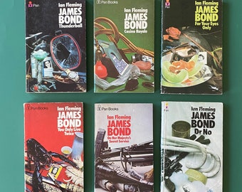 James Bond 6 Book Set - Ian Fleming Pan Books 1970s Pan Covers -  Vintage Secret Agent 007 Original - Recycled Literary Gift