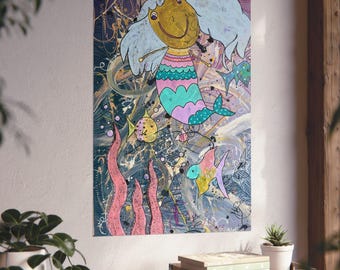 Verspielter Meerjungfrauen-Kunstdruck | Verträumte Ozeanillustration, Wanddekoration fürs Kinderzimmer