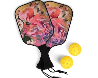 Flamingo Art Pickleball-Set | Abstrakte Holzschläger, Bälle, Tragetasche