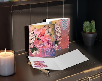Grußkarte mit rosa Flamingos und Blumen | Malerische abstrakte Kunst, liebevoll gestaltete Schreibwaren (8er-Pack)