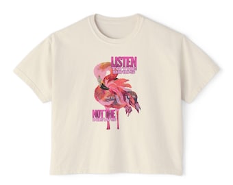 Flamingo Boxy Tee | Listen to the birds, not the news graphic