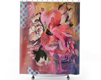 Abstrakter Duschvorhang mit rosa Flamingos und Blumenmuster | Künstlerischer Tropendruck
