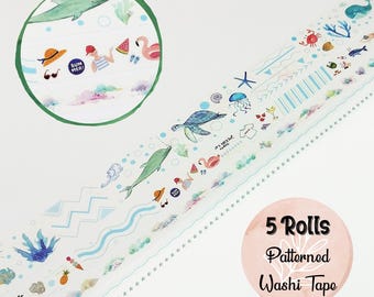 Ocean Life Washi Tape Set, Tropical Vibes, Summer Holiday, Wide, Slim Boarder Tape, Planner Decor, Scrapbooking, Journaling Supplies