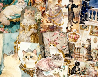Katze Junk Journal Kit, Majestic Katze Ephemera, Scrappy Papier, Aufkleber, Tags, Taschen