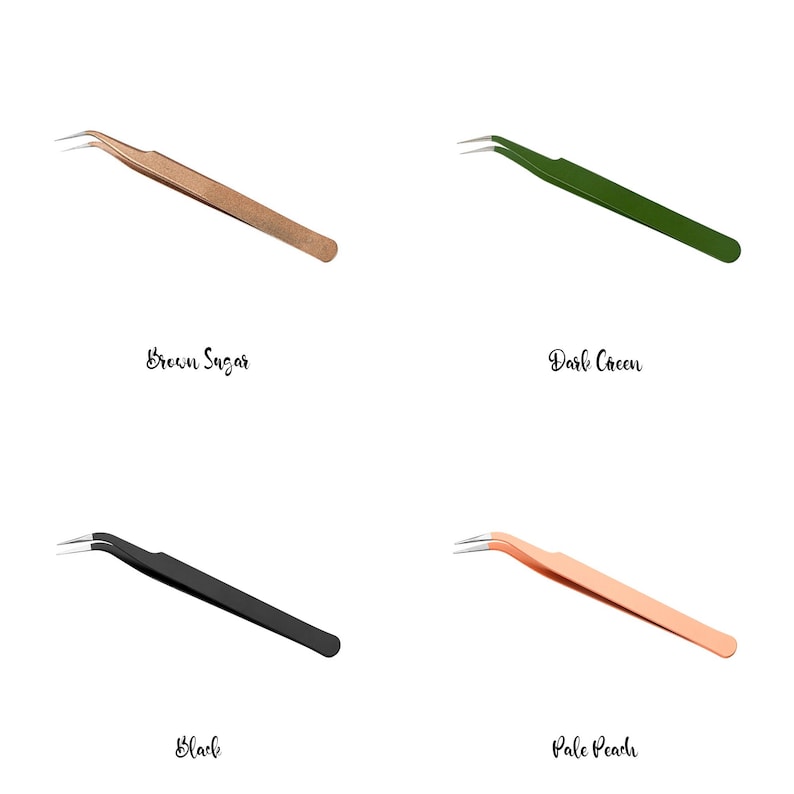 May include: Four angled tweezers in different colors: brown, dark green, black, and pale peach. Each tweezer has a silver tip. The text below each tweezer reads "Brown Sugar", "Dark Green", "Black", and "Pale Peach".