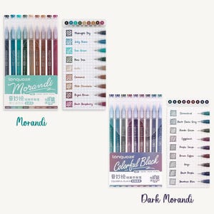May include: Two sets of colorful metallic gel pens. The first set is labeled "Morandi" and features muted shades of blue, green, brown, and purple. The second set is labeled "Colorful Black" and features black pens with metallic accents in shades of blue, green, purple, and brown.