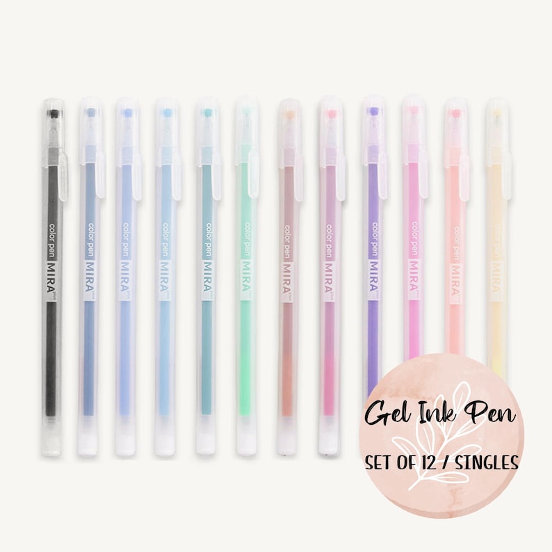 May include: Set of 12 gel ink pens in various pastel colors, including black, blue, light blue, green, pink, purple, and yellow. The pens are labeled "color pen MIRA". The text "Gel Ink Pen" and "SET OF 12/SINGLES" is written on a pink background.