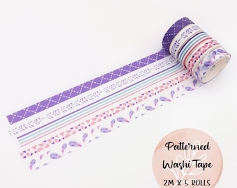 Purple Patterned Washi Tape Set: Geometric Leaf Designs