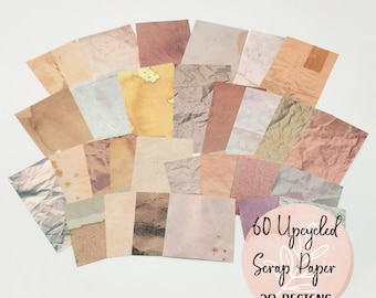 Upcycled Style Scrap Paper 60Pcs, 30 Unique Designs, Vintage Ephemera Paper Pack, Mixed Size, Découpage, Collage, Junk Journal Supplies