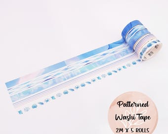 Aquatic Washi Tape Set, Blue Watercolour Style Decorative Tape, Ocean-Themed Scrapbooking Tape, Journaling