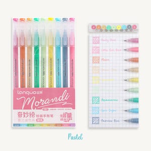 May include: Set of ten pastel colored fine-tip markers with a clear plastic barrel and a black cap. The markers are arranged in a row with the caps facing the viewer. The colors are: Party Pink, Little Girl Pink, Melon, Golden Sand, Aquamarine, Spin Sugar, Pairview Blue, Lavender Purple, Sky Blue, and Light Green. The text on the packaging reads "Languo Morandi 奇妙绘 绘画手账笔 大容量 莫兰迪色系 甜系"