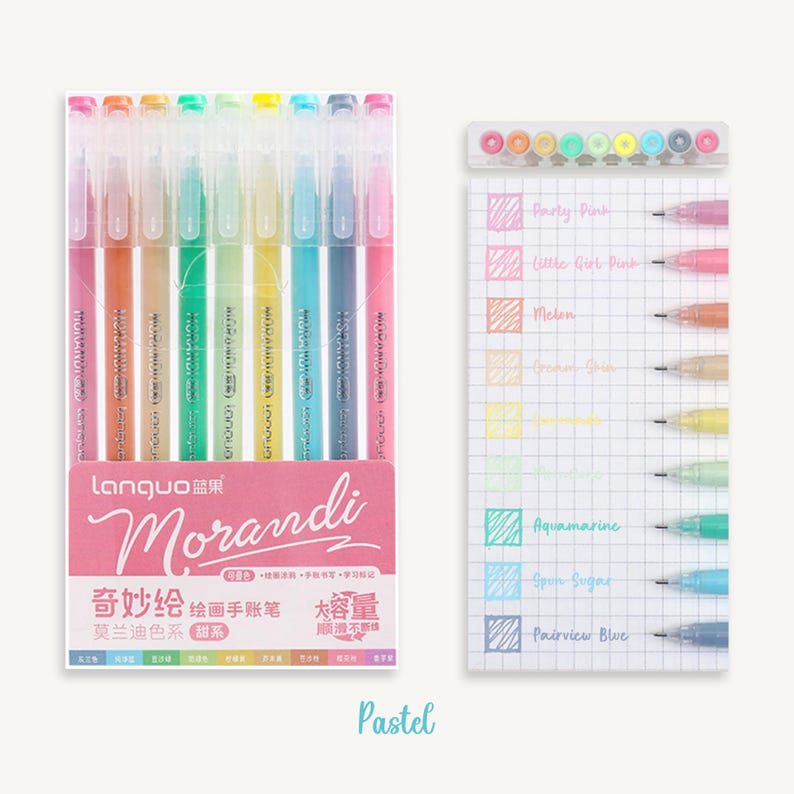 May include: Set of ten pastel colored fine-tip markers with a clear plastic barrel and a black cap. The markers are arranged in a row with the caps facing the viewer. The colors are: Party Pink, Little Girl Pink, Melon, Golden Sand, Aquamarine, Spin Sugar, Pairview Blue, Lavender Purple, Sky Blue, and Light Green. The text on the packaging reads "Languo Morandi 奇妙绘 绘画手账笔 大容量 莫兰迪色系 甜系"