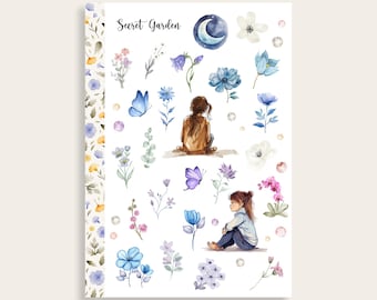 Wild Flower Sticker Bogen, blau lila Blume, Schmetterling, Planer Aufkleber, Journaling, Scrapbooking Zubehör