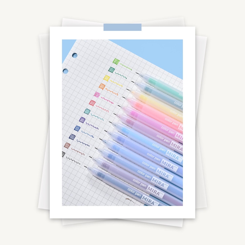 May include: A set of 12 pastel colored gel pens with clear barrels and black ink. The pens have the word "MIRA" and "color pen" printed on the barrels.