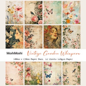 Confezione di carta per scrapbooking floreale - Vintage Garden Whispers, 12 fogli con disegni di fiori, farfalle e uccelli per diari di scarto e collage