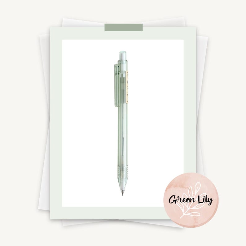 K&ouml;nnte beinhalten: Ein durchsichtiger gr&uuml;ner Bleistift mit einem wei&szlig;en Radiergummi und einem Etikett mit der Aufschrift "Green Lily".