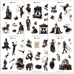 Könnte beinhalten: Eine Sammlung von Aufklebern im Vintage-Zirkus-Stil mit Darstellern, Tieren, Zelten und Requisiten. Die Illustrationen zeigen Jongleure, ein Karussellpferd, einen Zirkusdirektor, einen Elefanten und ein Kassenhäuschen in dunkler Ästhetik.