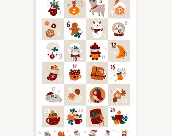 May include: A Christmas advent calendar with 24 numbered squares, each containing a different festive illustration. The illustrations include a gingerbread man, a snowman, a reindeer, a house, a stocking, a bell, a star, a moon, and a Christmas tree. The calendar is decorated with a brown and white background.