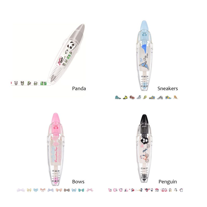 Pu&ograve; includere: Quattro dispenser di nastro correttore trasparenti con diversi design. I design includono un panda, scarpe da ginnastica, fiocchi e un pinguino. Ogni dispenser ha un corpo in plastica trasparente e un tappo colorato. Il nastro &egrave; bianco e fuoriesce dal dispenser in una striscia sottile.