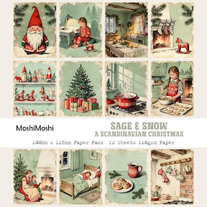 Può includere: Una collezione di dodici fogli di carta in stile vintage con tema natalizio scandinavo. Le immagini includono uno gnomo, un bambino che legge, un albero di Natale decorato e una scena di cucina accogliente. Il pacco di carta misura 100 mm x 128 mm.
