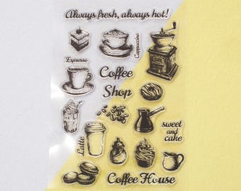 Coffee Stamp Set, Cafe Silicone Stamps, Journaling Scrapbook Ephemera, Planner Supplies