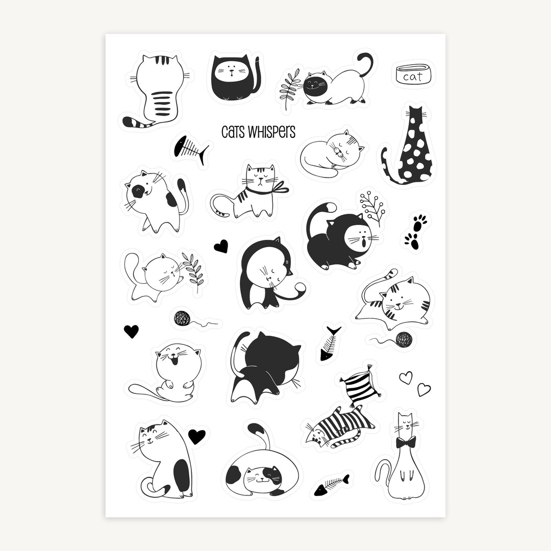 Cat Sticker Sheet - Black and White Cats Stickers for Journaling ...