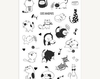 Cat Sticker Sheet - Black and White Cats Stickers for Journaling, Planner, Scrapbooking