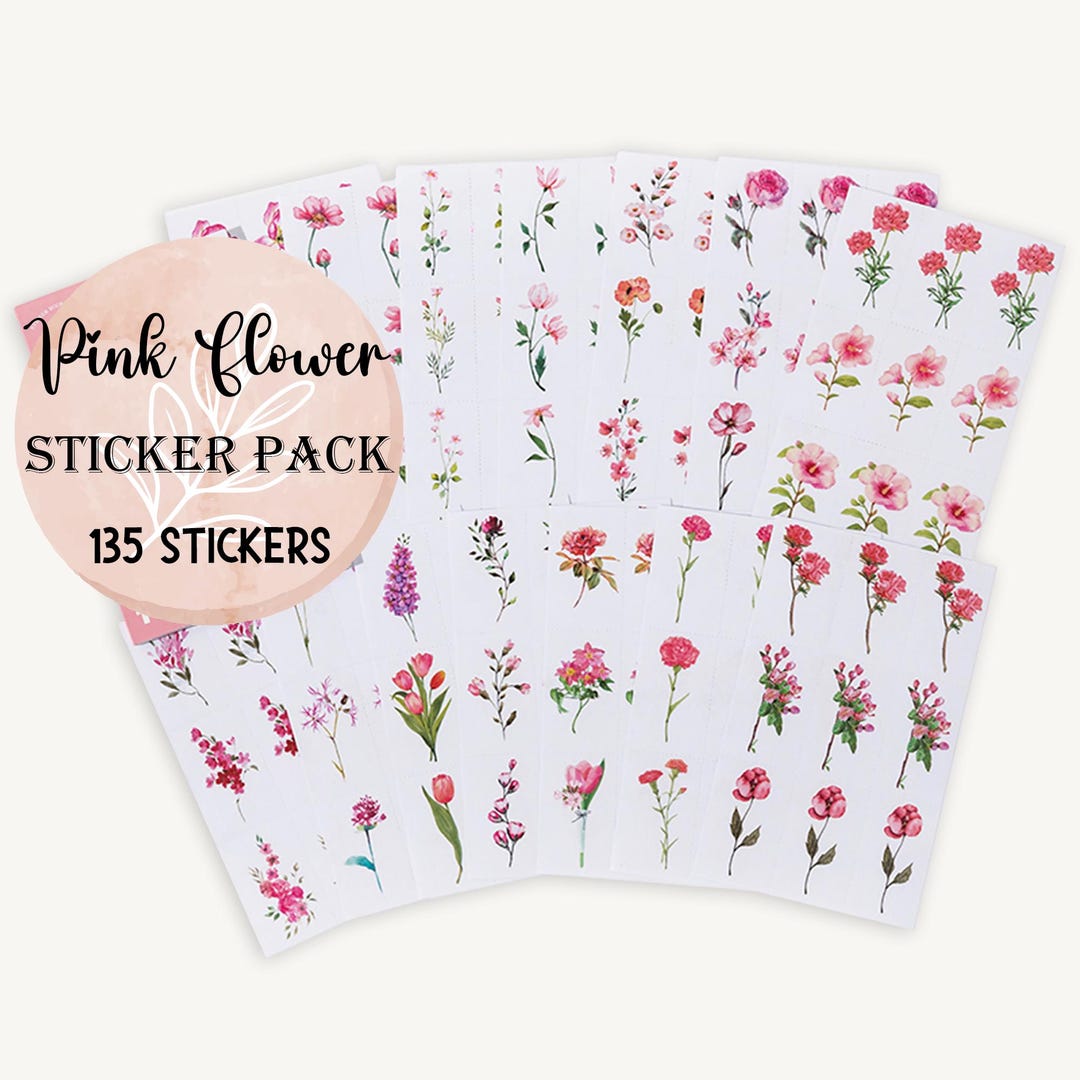 135pcs Pink Flower Sticker Pack, Roses, Tulips, Cherry Blossoms ...