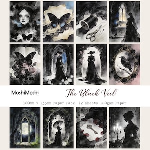 以下が含まれることがあります： MoshiMoshi The Black Veilペーパーパック。100mm x 133mm、120gsmの紙が12枚入っています。蝶、レース、裁縫道具、ゴシック建築、バラ、カラス、鍵などが描かれた、ダークで雰囲気のあるイラストが特徴のコレクションです。