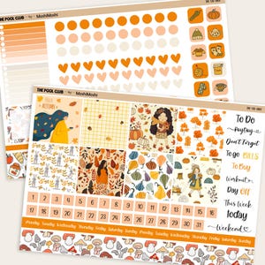 May include: Autumn-themed planner stickers. The stickers feature illustrations of pumpkins, leaves, and girls, alongside functional stickers for to-do lists and calendars. The colour palette includes orange, yellow, and brown.
