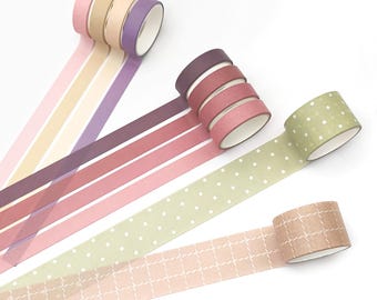 Washi Tape Set of 10, Slim Wide Plain Colour, Cottagecore, Pink, Mauve & Sage, Journaling