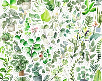 25 Green Leaf Stickers, Botanical, Eucalyptus, Potted Plant, Journal & Scrapbook Planner Stickers