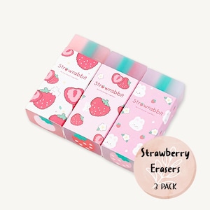 Strawberry Erasers, 3 Pack, Cute Fruit Eraser Rubber, School Supplies, Kawaii Stationery Gift