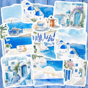 May include: A collection of watercolor stickers featuring scenes of the Greek islands. The stickers depict white buildings with blue domes, coastal views, and cafe settings. The color palette is primarily blue and white.