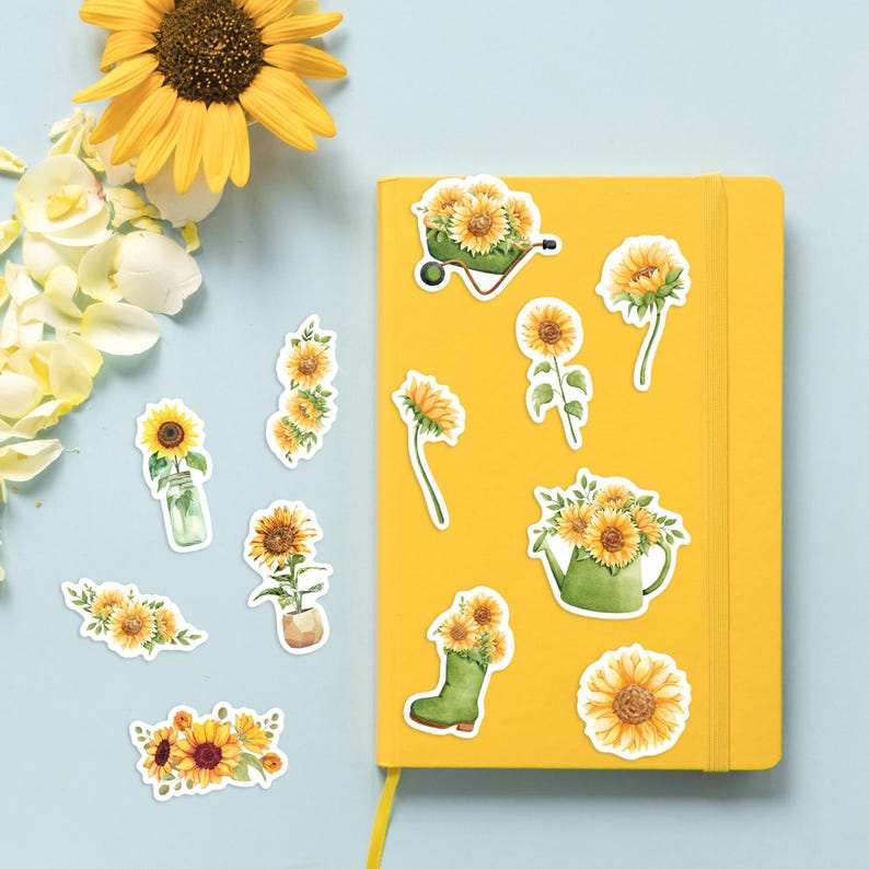 Sunflower Sticker Label Sunflower Sticker Pack, Watercolour Floral Scrapbook, Journal & Planner ...