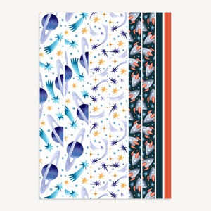 May include: A selection of watercolour space-themed patterns. Designs include planets, stars, and comets in blue, purple, and gold. A dark teal pattern with silver rockets and orange accents is also featured. Vertical stripes in teal and orange complete the design.