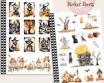 May include: Two sheets of Halloween stickers featuring watercolour illustrations of spooky characters, houses, and pumpkins. The first sheet has nine stickers with images of a witch, scarecrow, haunted house, and more. The second sheet has 14 stickers with images of a black cat, a ghost, a vampire, and more. The text "Trick or Treat" and "October 31" are included on the sheets.