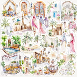 May include: A set of watercolour stickers showcasing Middle Eastern architecture. The stickers feature mosques, doors, palm trees, and figures in traditional dress. The colour scheme includes beige, blue, pink, and green hues.