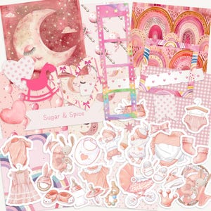Baby Girl Journaling Pack, Rosa Neugeborenen Scrapbook Mixed Pack, Aufkleber Scrappy Papier Ephemera Kit