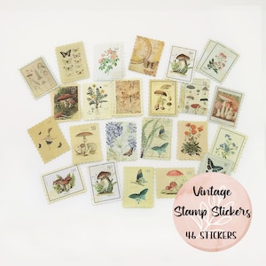Stickers timbres boisés vintage, botanique, papillon, autocollants champignons, journal indésirable, fournitures de scrapbooking