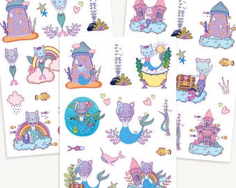 Cat Mermaid Sticker Sheet, Purrmaid, Fantasy Sticker für Planer, Journals, Geschenke
